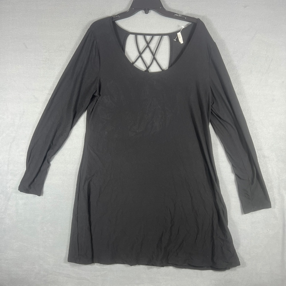 Mudd Womens Tunic Top XL Black Solid A-Line Long Sleeve Strappy Back Detail